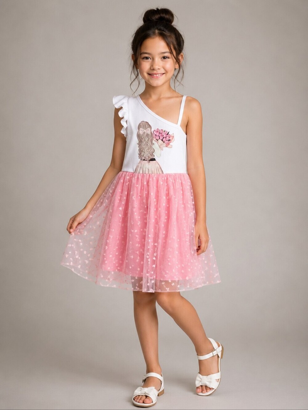 Girls Pink Tulle One Shoulder Party Dress Size 9Y